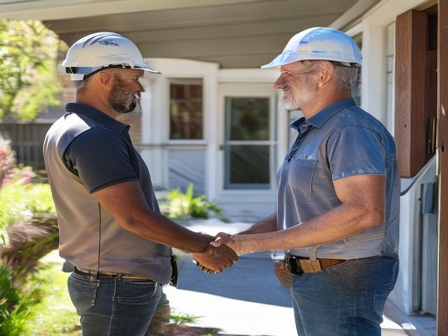Acme project manager shaking hands with homeowner couple at front door