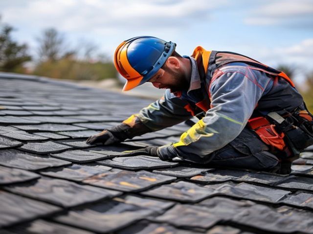 Acme tradesman inspecting newly installed roof shingles in golden hour light